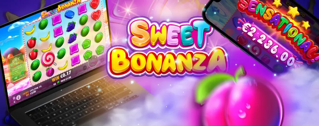 Sweet Bonanza slot on laptop screen, win display