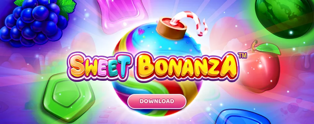 Sweet Bonanza logo with download button on a background of fruit symbols