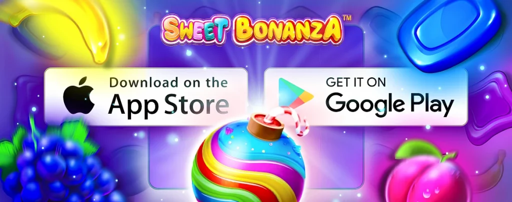 Sweet Bonanza with game download buttons on the App Store and Google Play