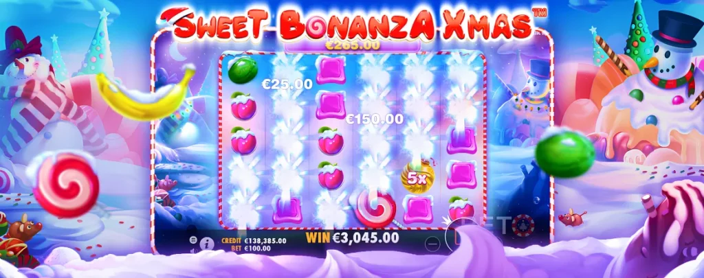 Sweet Bonanza Xmas slot gameplay with festive theme